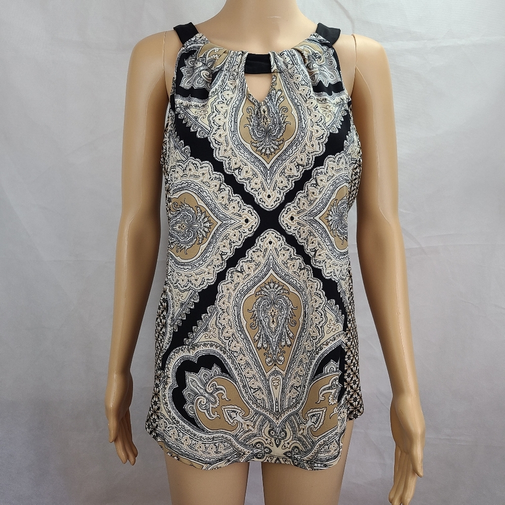 NWOT Chelsea & Theodore Women's (S) Beige & Black Print Sleeveless Tunic Top